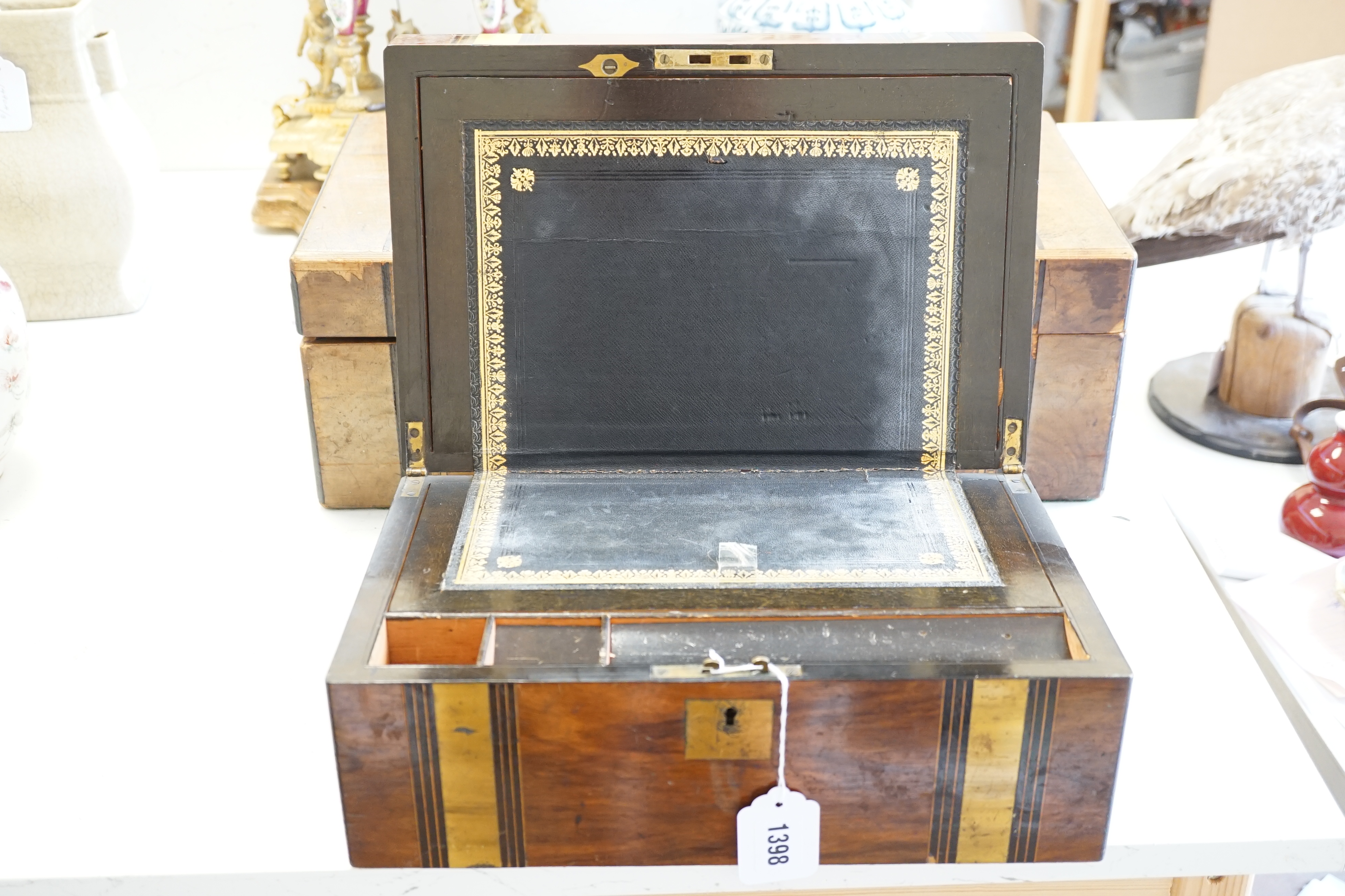 Two Victorian inlaid walnut writing slopes, largest 50cm wide. Condition - poor to fair